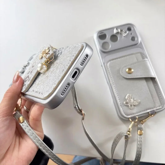 The Glitter Cutie — Metallic Bow Crossbody Phone Case