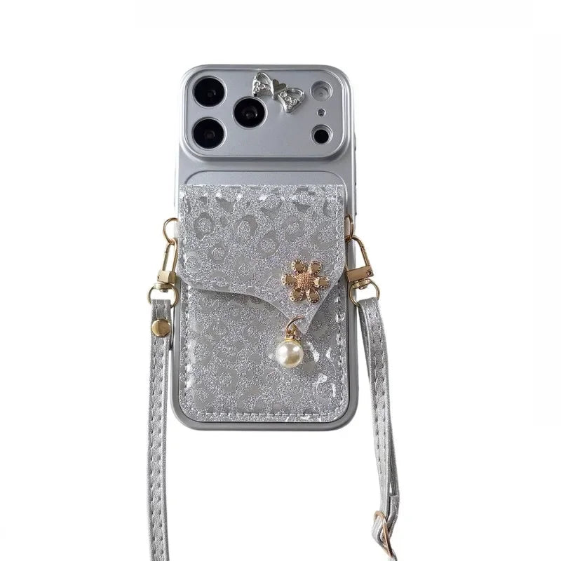 The Glitter Cutie — Metallic Bow Crossbody Phone Case