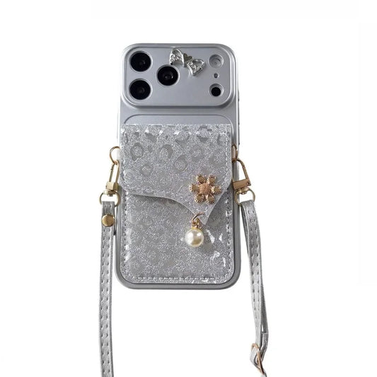 The Glitter Cutie — Metallic Bow Crossbody Phone Case