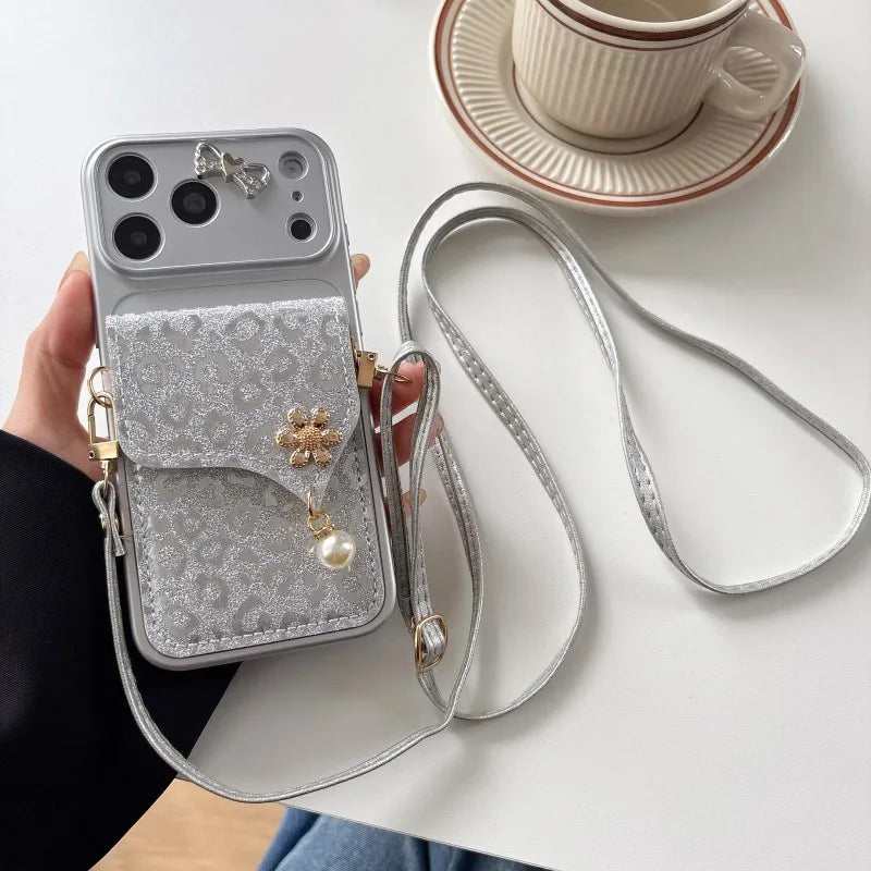 The Glitter Cutie — Metallic Bow Crossbody Phone Case