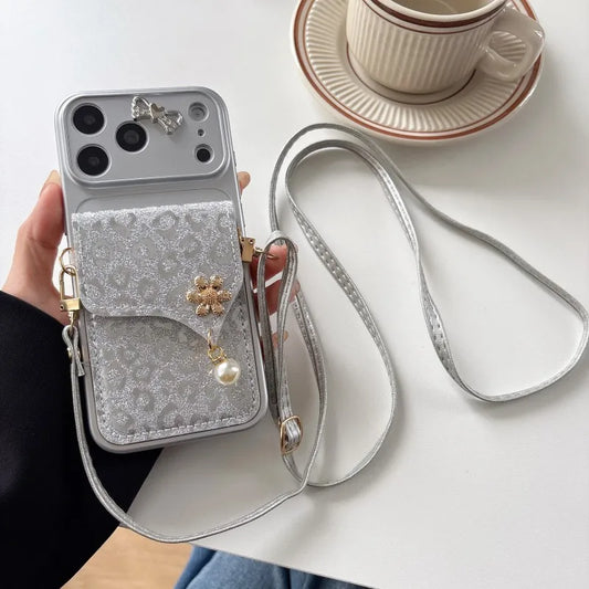The Glitter Cutie — Metallic Bow Crossbody Phone Case