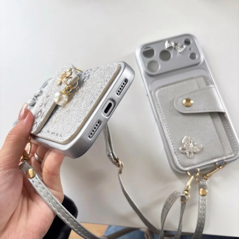 The Glitter Cutie — Metallic Bow Crossbody Phone Case