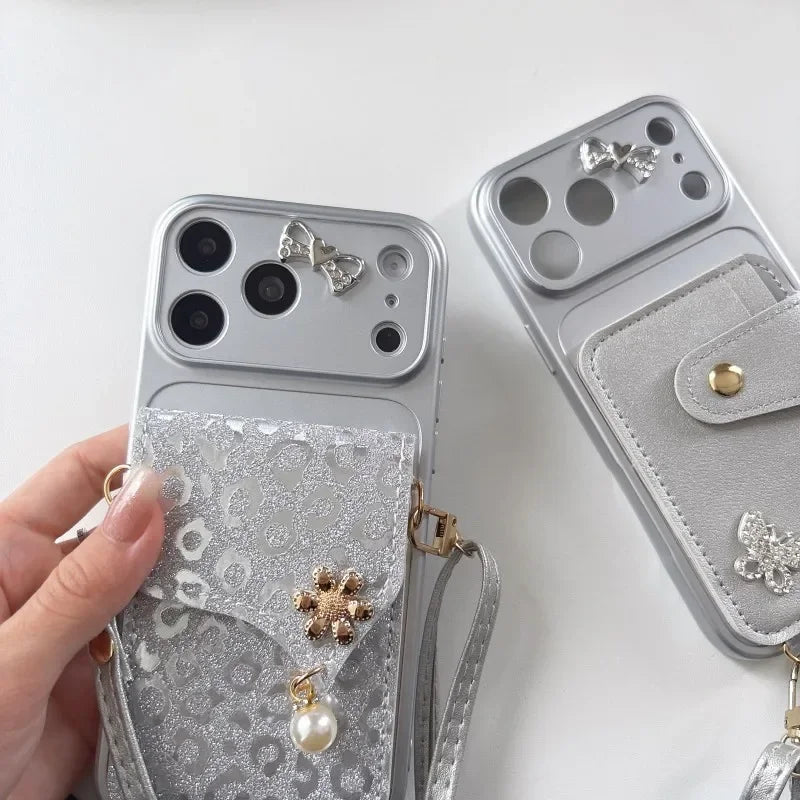 The Glitter Cutie — Metallic Bow Crossbody Phone Case